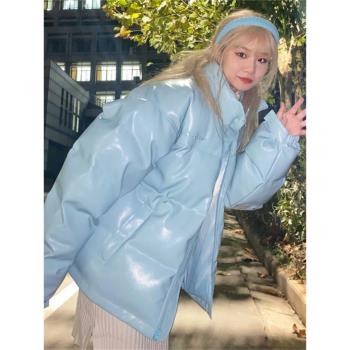 2025冬季新款pu皮藍色麵包服外套女韓版學院風羽絨棉服加厚棉衣潮