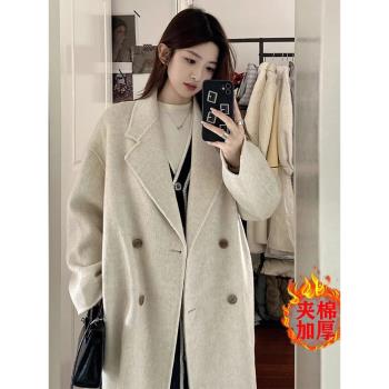 高階感加厚夾棉毛呢子外套女秋冬大碼胖mm歐貨中長款雙面呢子大衣