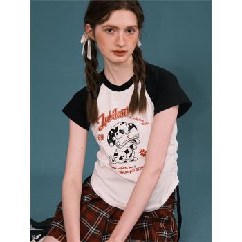 LOLOL辣妹兩邊抽繩收腰上衣女短款顯瘦緊身拼色插肩袖短袖印花t恤
