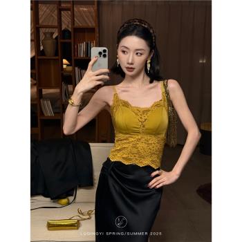 鷺青一原創【秘境】法式蕾絲吊帶背心女春季復古光澤緞面內搭上衣