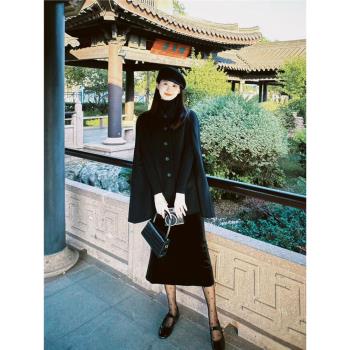 雙面呢斗篷大衣女2024秋冬新款黑色復古高級感100羊毛披肩外套女