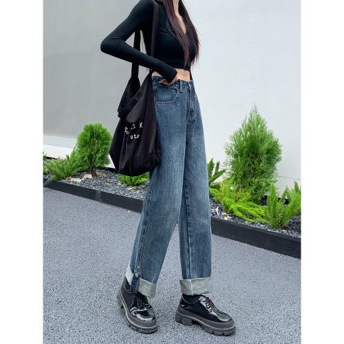 復古藍直筒牛仔褲女高腰寬松顯瘦2025年新款港風小個子闊腿褲秋冬
