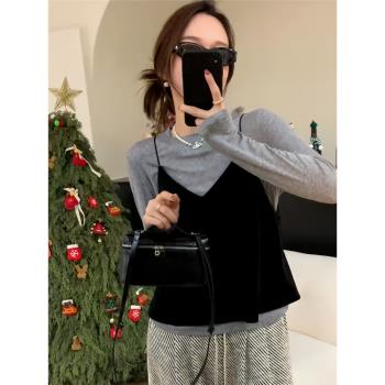 大碼韓國女裝早春新款胖mm法式氣質灰色T恤+黑色吊帶套裝兩件套女
