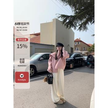 EVNSTYLE“霧色莊園”冬新款粉色圍巾手工雙面呢羊絨短大衣外套女