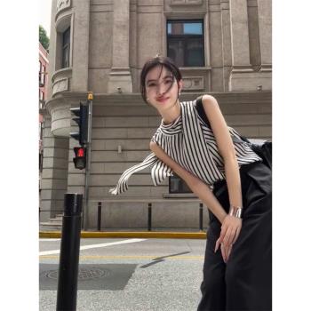 簡約豎條紋小眾掛脖無袖背心上衣