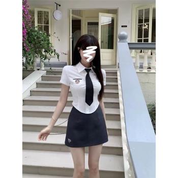 韓系辣妹純欲風性感jk制服女夏季高腰顯瘦包臀裙polo領上衣兩件套