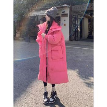 中長款韓版顯瘦加厚大翻領羽絨棉服女秋冬小個子過膝保暖粉色棉襖