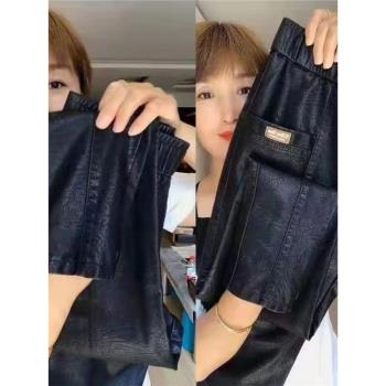 2024秋冬季黑色皮褲哈倫褲女直筒褲加絨款高腰寬松小腳九分休閑褲