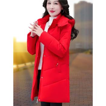 紅色棉衣女中長款2025冬季新款羽絨棉服修身顯瘦中年媽媽棉襖大衣