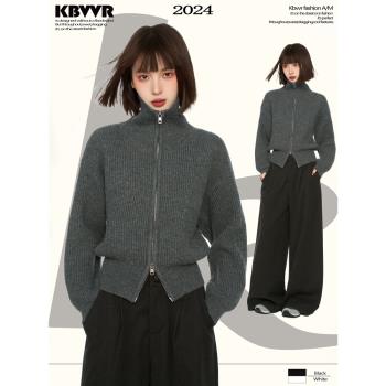 灰色雙拉鏈高領毛衣外套女秋冬季加厚慵懶風外穿立領羊毛針織開衫