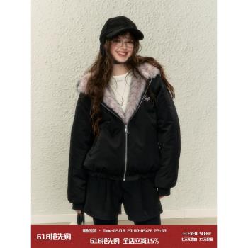 ELEVEN SLEEP冬季派克仿貂毛棉服女通勤上衣加絨加厚連帽保暖外套