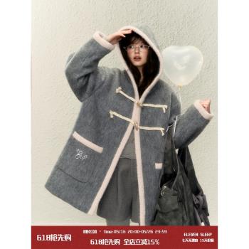 ELEVEN SLEEP冬季灰色斗篷羊毛毛呢外套女韓系簡約保暖牛角扣大衣