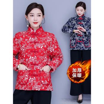 民族風小棉襖女短款印花大碼棉服小個子冬季復古盤扣夾棉加厚外套
