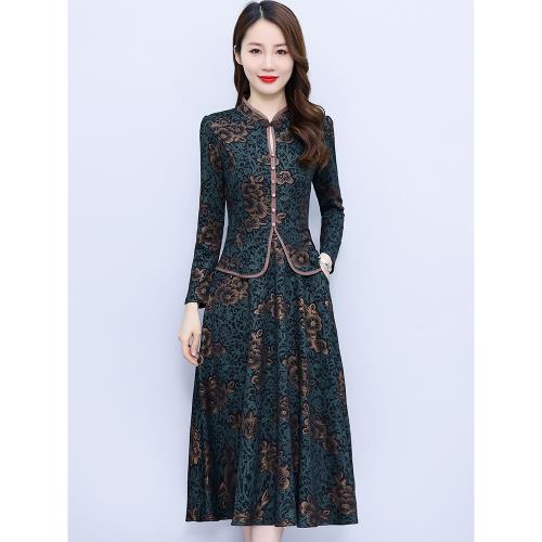 2025春秋新款女中國風連衣裙長袖中老年媽媽高端民族風改良旗袍裙