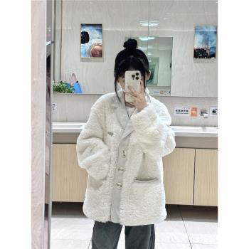 白色pu皮拼接羊羔毛設計感小眾外套女冬季韓版寬松夾棉加厚上衣潮