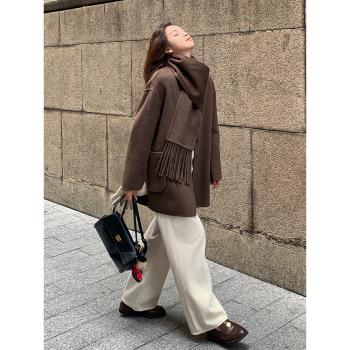 美拉德雙面羊絨大衣女2024冬季新款時尚氣質設計感圍巾領毛呢外套