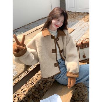 咖色兩面穿皮毛一體羊羔毛外套女2024深秋初冬穿搭復古短款小個子