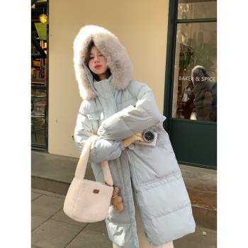 奶fufu藍色羽絨服女2024爆款韓系大毛領中長款過膝保暖冬季厚外套