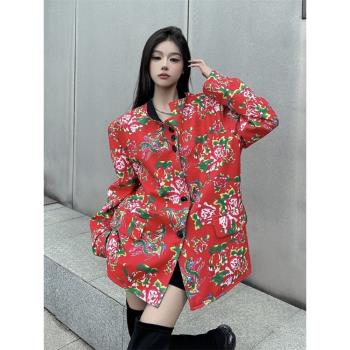 美式復古西裝外套女春季百搭顯瘦上衣雙面穿東北大花印花西服夾克