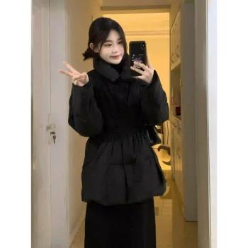 高階感收腰繫帶黑色棉服外套女2025冬季新款韓版小個子保暖棉衣