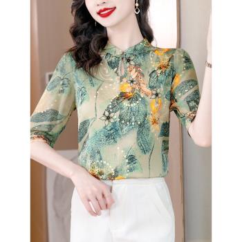高階感緞面中袖襯衫女春夏裝中國風盤扣小衫中年媽媽立領碎花上衣