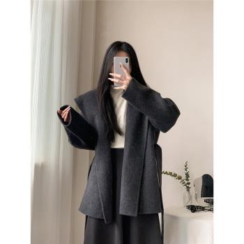 簡約灰色連帽毛呢外套女冬季大碼胖mm寬松赫本風高級感呢子大衣