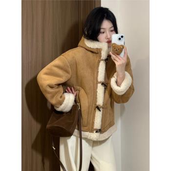韓版小個子連帽羊羔毛外套女冬季短款牛角扣上衣加厚保暖皮毛一體
