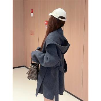 韓系高階感連帽毛呢外套女裝冬季大碼胖mm寬松赫本風氣質呢子大衣