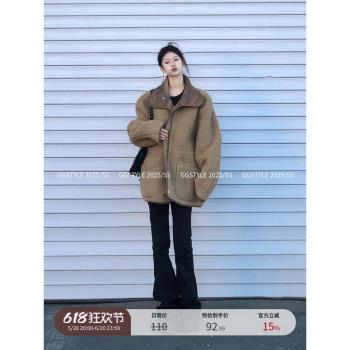 羊羔毛麂皮兩面穿加厚外套女冬季美式潮牌寬松做舊加厚機車服上衣