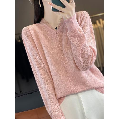 拉夏貝爾打底衫女春秋洋氣顯瘦蕾絲V領針織上衣大碼女裝秋冬毛衣