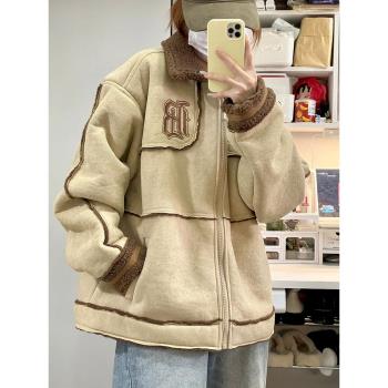 麂皮絨棉服外套女冬季2025新款日系復古羊羔絨拼接寬松加厚棉衣潮