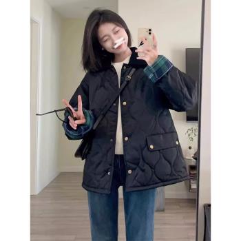 時尚菱格羽絨棉服黑色短外套女冬季棉衣2025新款休閑加厚保暖棉襖