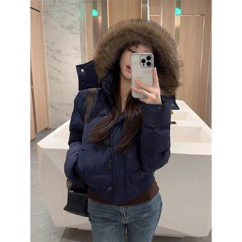 高階感拉鏈毛邊連帽羽絨服外套女2025新款冬季修身加厚保暖麵包服