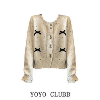 YOYO CLUBB小眾蝴蝶結圓領毛衣外套女冬季大碼軟糯復古短款針織衫
