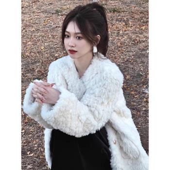 白色小香風羊羔絨外套女秋冬2025新款小個子寬松加厚毛絨棉服冬季