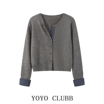 YOYO CLUBB拼接格子假兩件毛衣女冬季大碼顯瘦外搭圓領長袖針織衫
