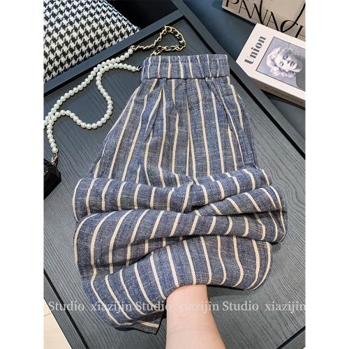 亞麻棉條紋闊腿褲女2025新款夏季高腰垂感寬松直筒休閑遛彎褲子薄