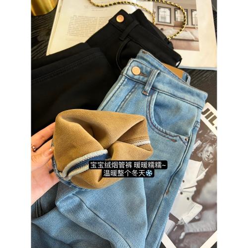 溫暖整個冬天~加絨直筒褲女小個子高腰彈力加厚九分窄版煙管褲冬