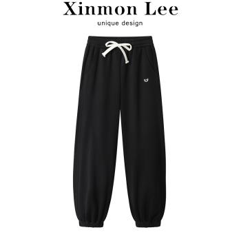 XinmonLee美式復古加絨加厚休閑衛褲女冬季高腰寬松顯瘦闊腿長褲