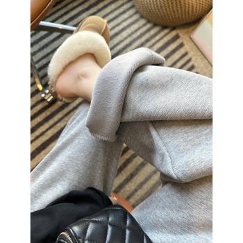 一條過冬吖~！加厚絨灰色闊腿休閑褲女冬新寬松慵懶保暖鐮刀褲子