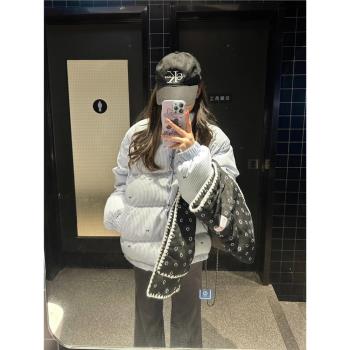 奶藍色棉服女冬季麵包服立領外套2024年新款條紋羽絨棉衣棉襖爆款