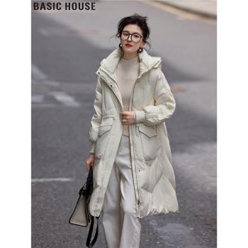 Basic House/百家好2024冬季新款白色連帽中長款90白鴨絨羽絨服女