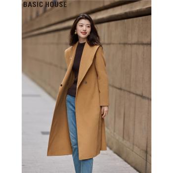Basic House/百家好中長款廓形大翻領系帶100%綿羊毛呢外套女春季