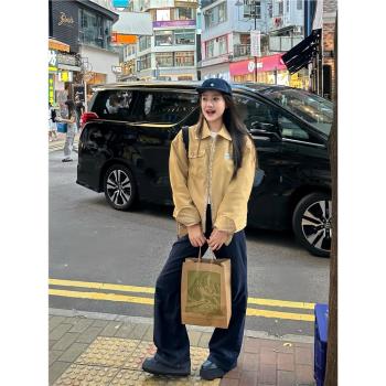 美式街頭翻領工裝外套女秋季新款復古卡其色百搭寬松休閑夾克上衣