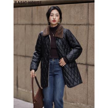 Basic House/百家好黑色毛領中長款保暖棉服外套女裝2024冬季新款