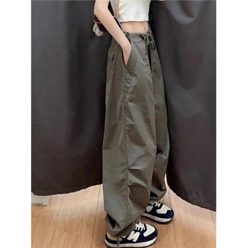 軍綠色美式薄款速干工裝褲女夏季新款高街vibe寬松降落傘闊腿褲子