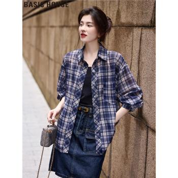 Basic House/百家好復古格子長袖防曬衫薄款襯衫外套女2025夏新款