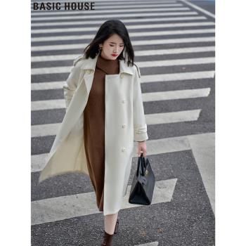 Basic House/百家好白色大衣外套英倫風中長款風衣女2025春季新款