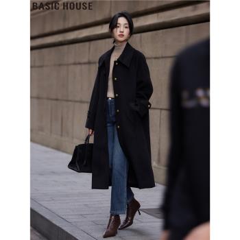 Basic House/百家好英倫風黑色長款毛呢外套翻領呢子大衣女秋冬季