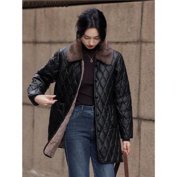 Basic House/百家好摩登酷雅毛領中長款棉服外套女士冬季翻領棉襖